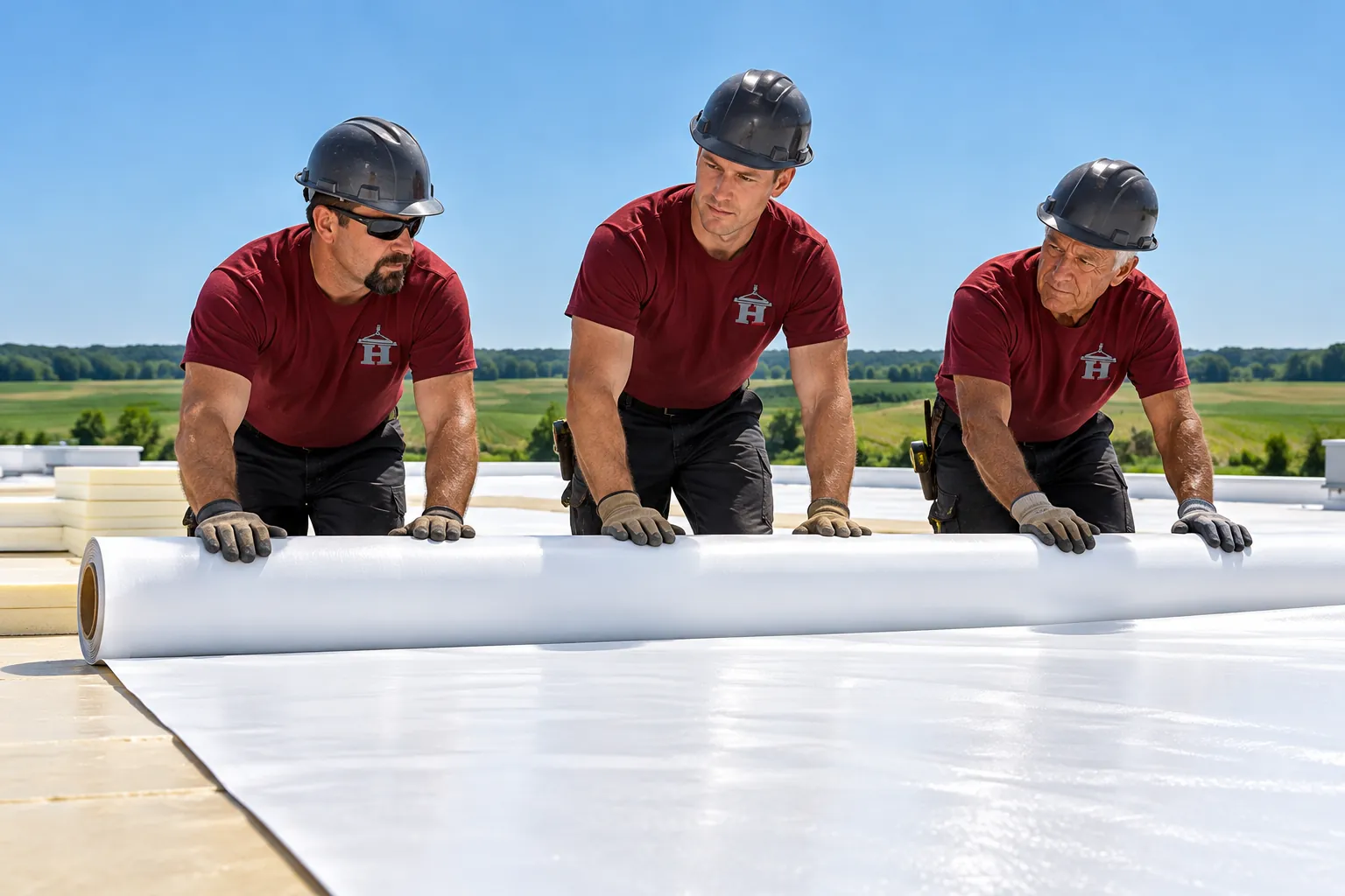 Roofing crew installing white TPO membrane on a low-slope commercial roof