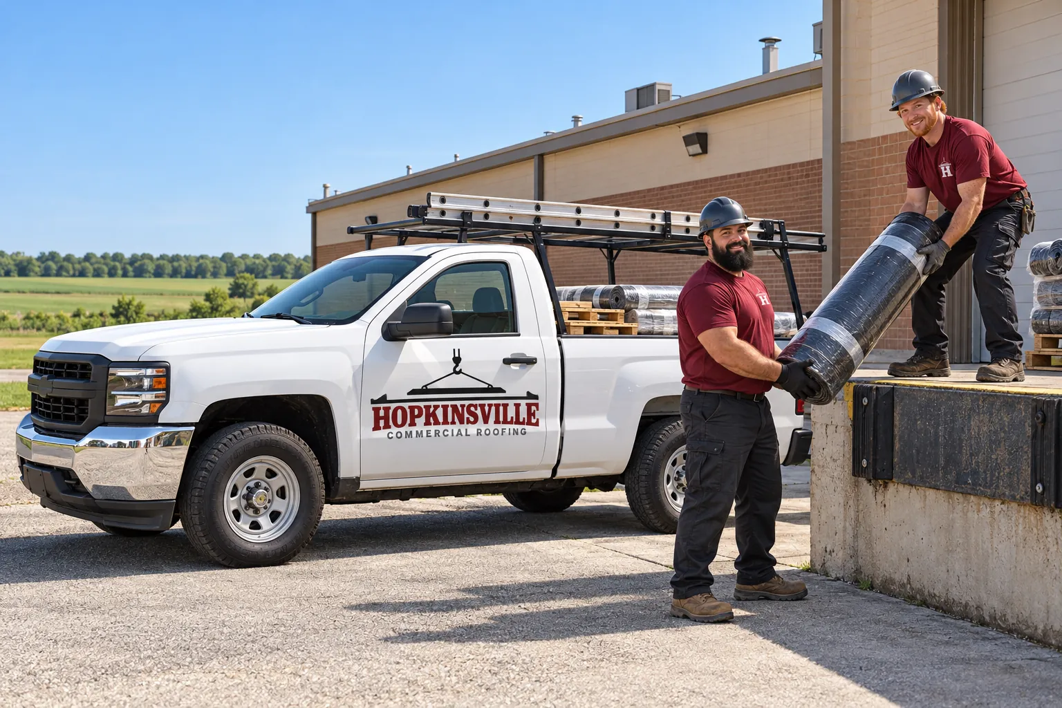 Roofing work truck parked beside a commercial building on a job site
