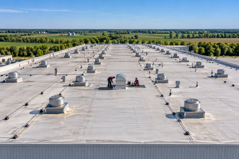 Aerial view of an industrial roof with rooftop units and exhaust fans