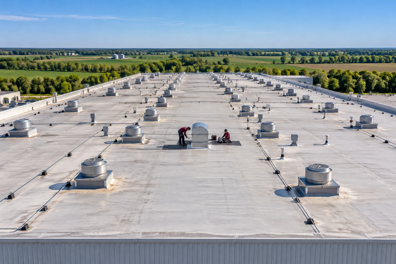Aerial view of an industrial roof with rooftop units and exhaust fans