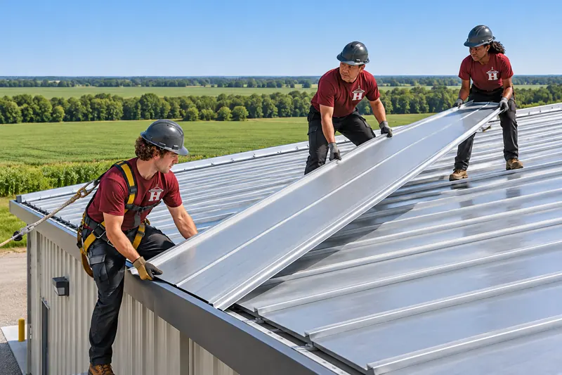 Roofer installing metal roof panels on a commercial building